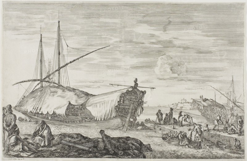 La galère dont le pont est couvert de voiles, 1654/55, Stefano della Bella, Italian, 1610-1664, Italy, Etching on paper, 231 x 360 (image), 237 x 364 mm (sheet, trimmed within platemark)