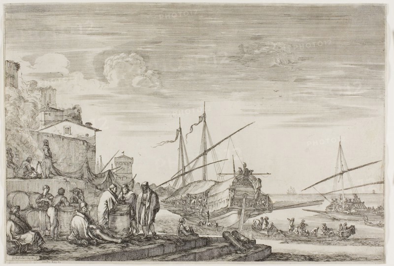 Views of the Port of Livorno: Houses Overlooking a Port, 1654/55, Stefano della Bella, Italian, 1610-1664, Italy, Etching on paper, 253 x 350 mm (plate), 290 x 389 mm (sheet)