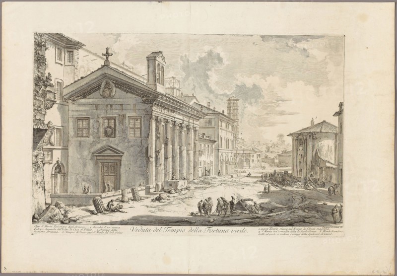 View of the Temple of Fortuna Virilis. Now the Armenian church of S. Maria Egizziaca, from Views of Rome, 1750/59, Giovanni Battista Piranesi, Italian, 1720-1778, Italy, Etching on heavy ivory laid paper, 356 x 580 mm (image), 377 x 586 mm (plate), 510 x 735 mm (sheet)