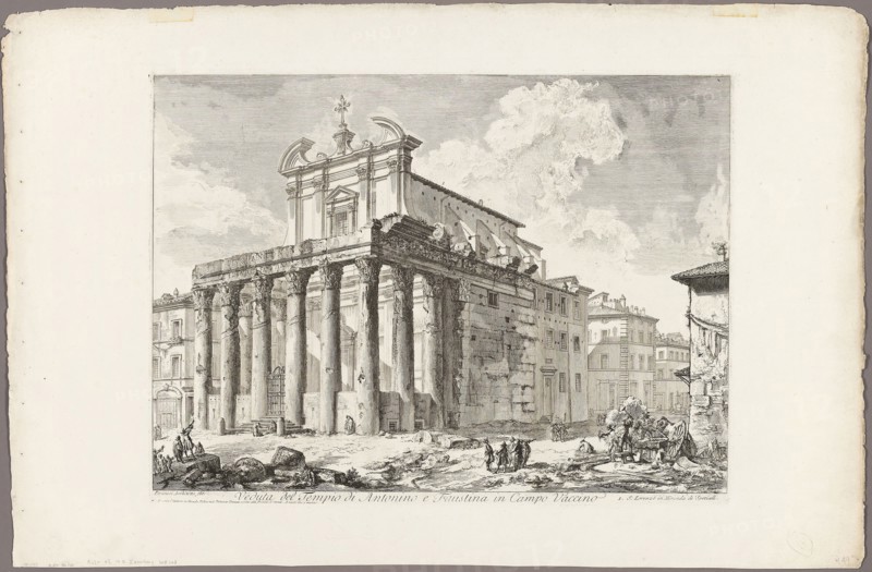 View of the Temple of Antoninus and Faustina in the Roman Forum, from Views of Rome, 1750/59, Giovanni Battista Piranesi, Italian, 1720-1778, Italy, Etching on heavy ivory laid paper, 393 x 544 mm (image), 408 x 550 mm (plate), 532 x 815 mm (sheet)