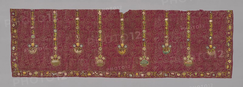 Panel (Showing Symbols of the Four Seasons), 17th century, France, Silk, satin weave self-patterned by reversing of faces, embroidered with silk floss, gold and silver gilt strips wound around silk fiber cores, in cross, running, satin, padded satin and split stitches, French knots, couching and laidwork, 86 × 278.1 cm (33 7/8 × 109 1/2 in.)