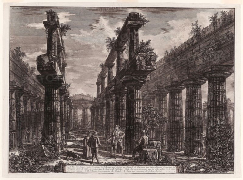 A., B. View of the remains of the two rows of columns in the Temple of Neptune which originally formed the colonnades along the sides of the cella, and supported the uppermost part of the roof, from Different views of Paestum, 1778, Giovanni Battista Piranesi, Italian, 1720-1778, Italy, Etching on ivory laid paper, 498 x 675 mm (image), 503 x 684 mm (plate), 525 x 715 mm (sheet)
