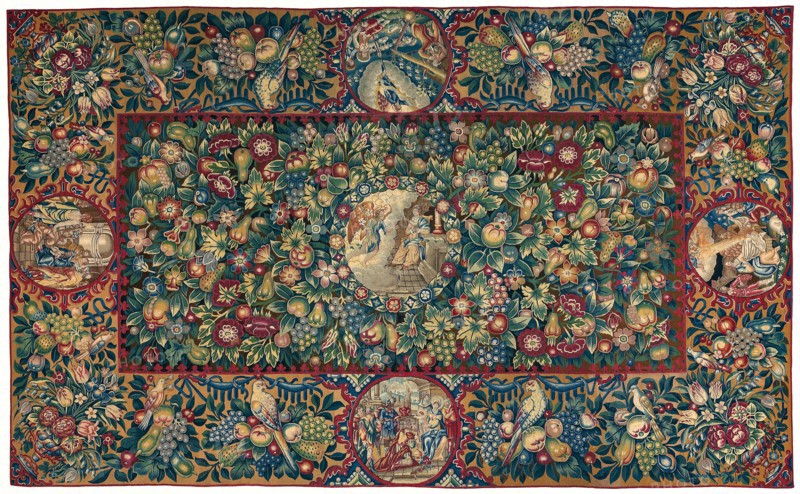 Table Carpet (Depicting Scenes from the Life of Christ), 1600/50, Northern or Southern Netherlands, Netherlands, Linen, wool, and silk, slit and double interlocking tapestry weave, 264.8 x 163.2 cm (104 1/4 x 64 1/4 in.)
