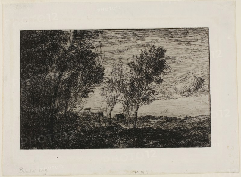 In the Dunes: Souvenir of the Woods of the Hague, 1869, Jean-Baptiste-Camille Corot, French, 1796-1875, France, Etching on ivory laid paper, 120 × 194 mm (plate), 172 × 240 mm (sheet)