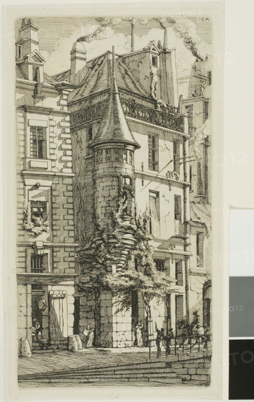 House with a Turret, rue de la Tixéranderie, 1852, Charles Meryon, French, 1821-1868, France, Etching on ivory laid paper, 249 × 133 mm (image), 249 × 133 mm (plate), 264 × 148 mm (sheet)