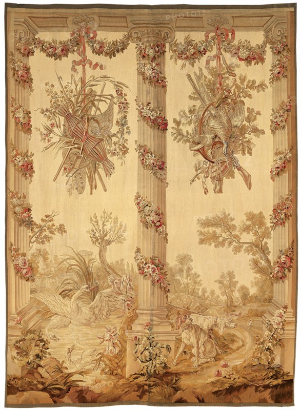 A Panel from a Porticoes Series, 1775/1800, After designs by Jean-Baptiste Oudry (1686–1755) and/or Jean-Baptiste Huet (1745–1811), or artists in their circle, Woven at an unknown workshop at the Manufacture Royale du Beauvais or the Manufacture Royale d’Aubusson, France, Beauvais or Aubusson, France, Wool and silk, slit and double interlocking tapestry weave, 217.8 × 295.2 cm (85 3/4 × 116 1/4 in.)