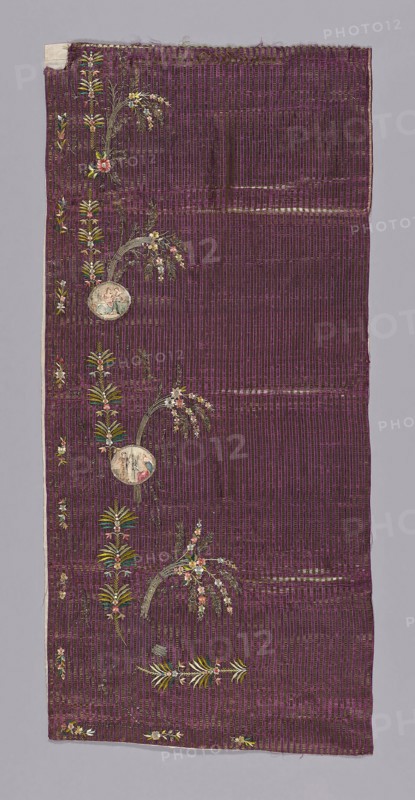 Skirt Panel?, Directoire period, 1795/99, France, Silk, plain weave with supplementary patterning warps and self patterning ground weft floats, embroidered with silk threads in satin stitch, outline stitch and French knots, attached silver wire coils, wrapped around a silk fiber core, sequins, stones and appliquéd circles of silk, satin weave, painted, 115 × 63 cm (45 1/4 × 20 7/8 in.)