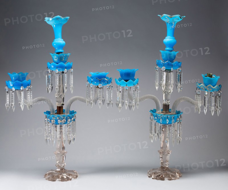 Two Candelabra, c. 1835, France, Glass with gilt metal, 1979.1005: 74.6 × 49.2 × 15.8 cm (29 7/16 × 19 7/16 × 6 1/4 in.), 1979.1006: 74.9 × 48.6 × 15.5 cm (29 9/16 × 19 3/8 × 6 1/8 in.)