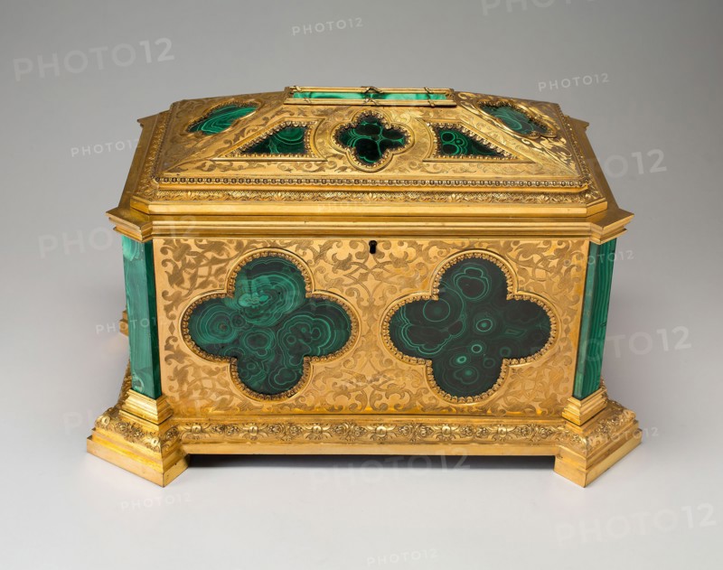 Coffer, c. 1880/90, Russia or England, Russia, Malachite, gilt bronze, steel, and velvet, 28.3 x 47.6 x 30.5 cm (11 1/8 x 18 3/4 x 12 in.)
