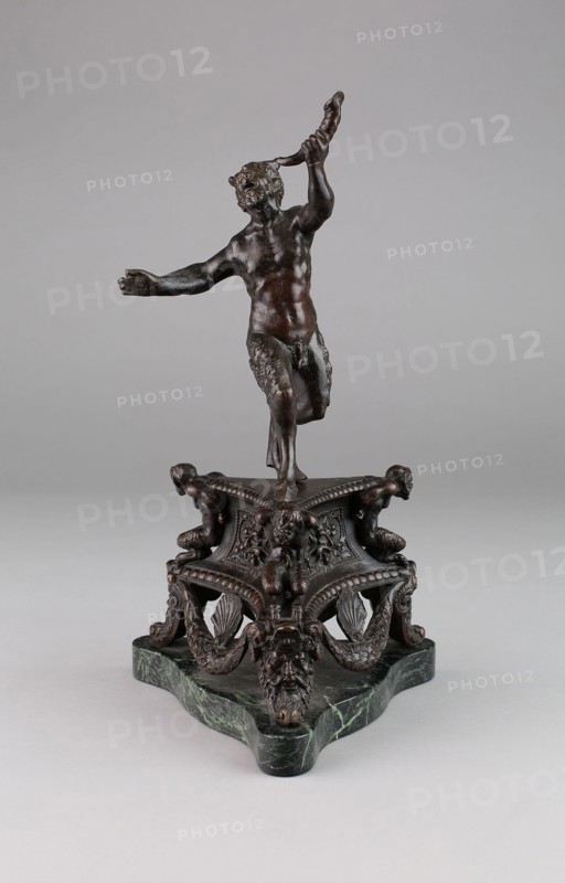 Dancing Satyr on Triangular Socle, c. 1530/50, Andrea Riccio (Style of), Italian, 1470-1532, Italian, Bronze, dark brown patina, 9 15/16 x 6 1/16 x 3 5/16 in. (25.2 x 15.4 x 8.4 cm)