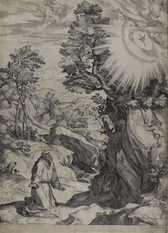 Saint Francis Penitent in a Large Landscape, 1575, Cornelis Cort (Netherlandish, 1533/36-1578), Girolamo Muziano (Italian, 1528-1592), Holland, Engraving on paper, 500 x 372 mm (image), 519 x 373 mm (sheet)