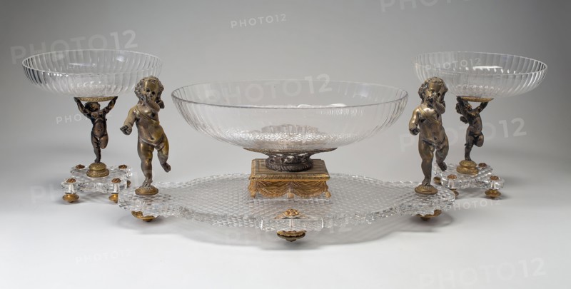 Three Part Centerpiece, c. 1860/70, Baccarat Glassworks, French, founded 1764, Lunéville, Glass with bronze mounts, Plateau: 25 x 26.2 x 58.8 cm (9 7/8 x 10 3/8 x 23 1/4 in.), Bowls: 25.6 x 24.4 cm (10 1/8 in. x 9 5/8 in.)