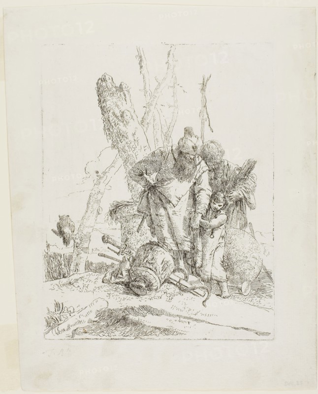 Two Astrologers and a Boy, from Scherzi, 1735–40, Giambattista Tiepolo, Italian, 1696-1770, Italy, Etching on paper, 225 x 175 mm (image/plate), 294 x 237 mm (sheet)