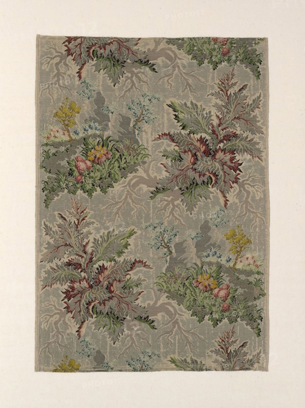 Panel, c. 1734, France, Silk, silvered-metal strips, and gilt- and silvered-metal-strip-wrapped silk, plain weave with twill interlacing of secondary binding warps and some supplementary brocading wefts, 79.4 × 55.3 cm (31 1/4 × 21 3/4 in.)