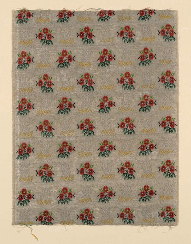 Panel, 1760/65, France, Silk, linen, silk chenille, and gilt-and-silvered-metal-strip-wrapped silk, plain weave derived float weave with supplementary brocading wefts and silvered-metal-strip supplementary facing wefts bound by secondary binding warps, 61.5 × 47.2 cm (24 1/4 × 18 5/8 in.)