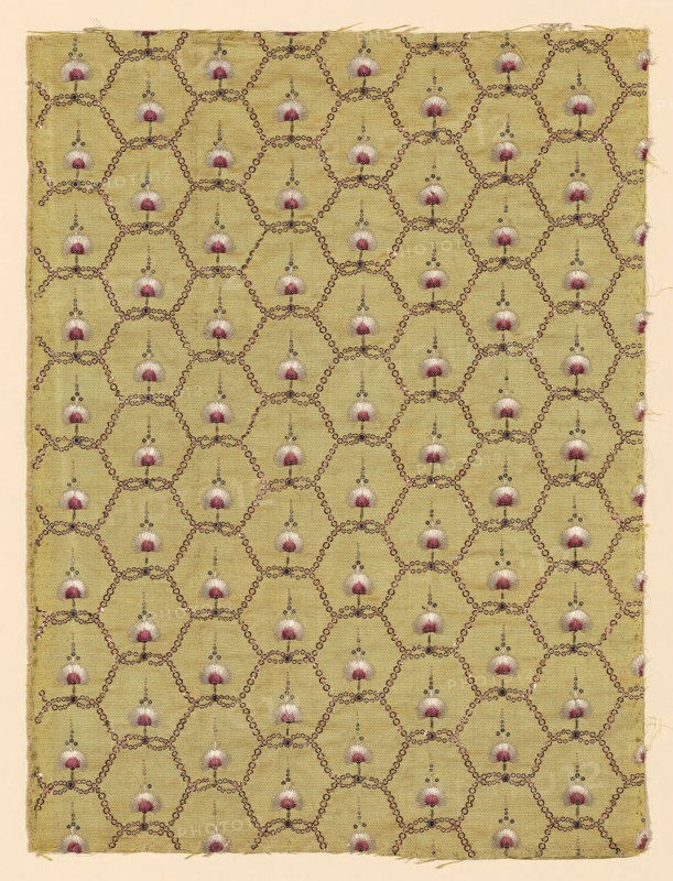 Panel (Dress Fabric), 1775/80, France, Silk, plain weave with silvered-metal-strip-wrapped with silk supplementary facing wefts, embroidered with silk and silvered-metal-strip and wire purl in satin stitches, couching, embellished with silvered and colored metal spangles, semiprecious stones, 61.4 × 46 cm (24 1/8 × 18 1/8 in.)