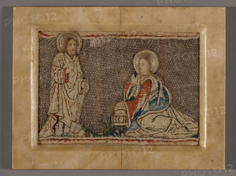 Picture (Probably from an Orphrey Band Depicting Christ before Mary Magdalene), 1400/25, Germany, possibly Cologne, Germany, Linen, plain weave, appliquéd with silk, satin weave and linen plain weave, embroidered with silk floss, linen and gold and silver gilt strips wound around silk fiber cores in cross, outline, satin, split and stem stitches, couching, 17.2 x 24.8 cm (6 3/4 x 9 3/4 in.)