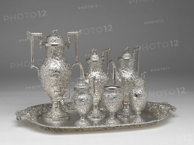 Tea and Coffee Service with Tray, 1850/1900, Andrew Ellicott Warner, American, 1786–1870, Andrew Ellicott Warner Jr., American, 1813–1896, Schofield Co. Inc., American, active 1903–65, Baltimore, Baltimore, Silver, Tray: 77.5 × 46.7 cm (31 ½ × 18 3/8 in.), urn, h.: 44.1 cm (17 3/8 in.), 1988.5 g, pot, h.: 34 cm (13 3/8 in.), 1093.6 g, pot, h.: 33.3 cm (13 1/8 in.), 1066.5 g, sugar bowl, h.: 22.5 cm (8 7/8 in.), 647.5 g, creamer, h.: 23.3 cm (9 3/16 in.), 363.4 g, slop basin, h.: 17.8 cm (7 in.), 408.9 g