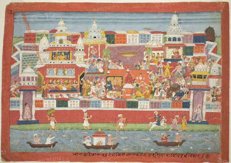 Krishna’s Marriage to Kalinda, page from a manuscript of the Bhagavata Purana, c. 1775, Nepal, Nepal, Opaque watercolor on paper, 36.8 x 51.9 cm (14 1/2 x 20 1/2 in.)