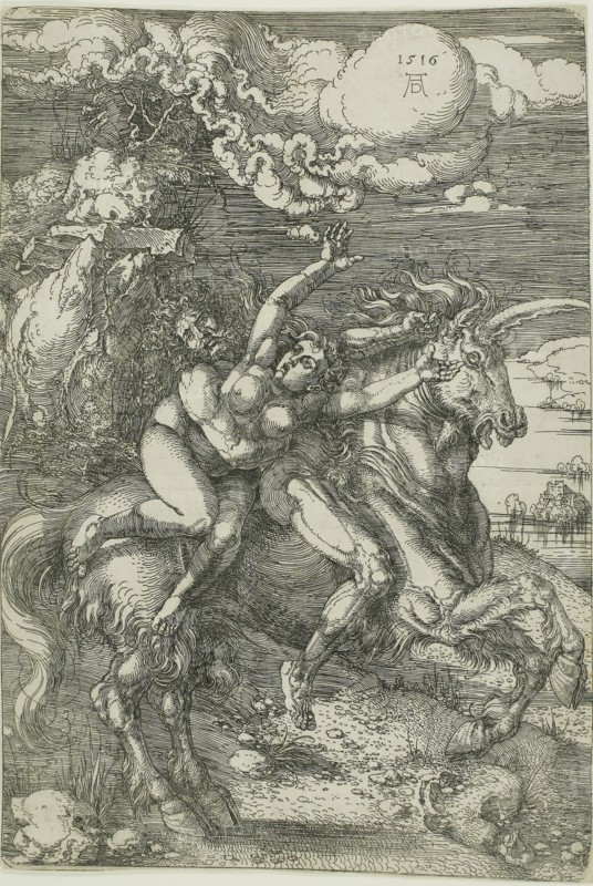 The Abduction of Proserpine on a Unicorn, 1516, Albrecht Dürer, German, 1471-1528, Germany, Etching in black on off-white laid paper, 314 x 212 mm