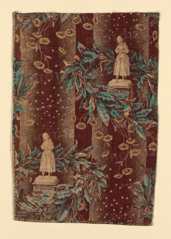 Jeanne d’Arc (Joan of Arc)(Furnishing Fabric), 1839/40, After a sculpture by Marie Christine d’Orléans (French, 1813–1839), France, Alsace, France, Cotton, plain weave, engraved roller and block printed, quilted, 50.5 × 34.3 cm (19 7/8 × 13 5/8 in.)