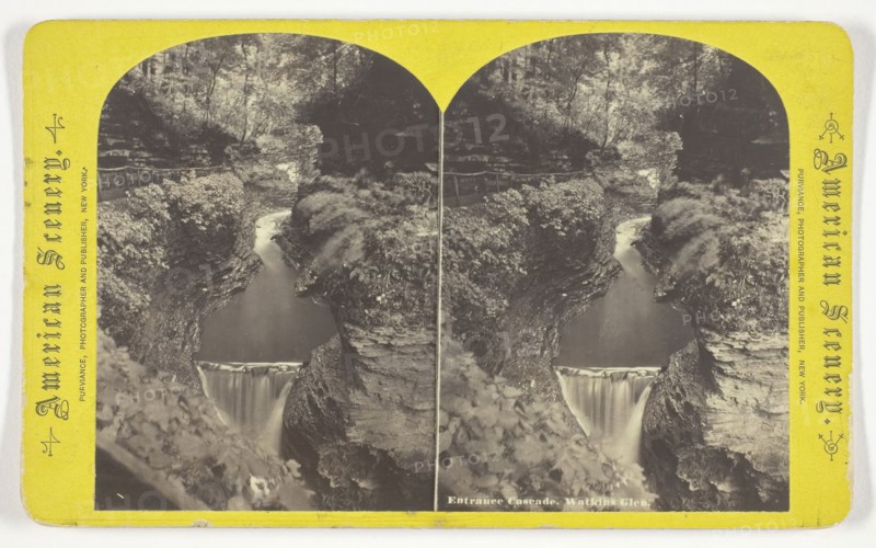 Entrance Cascade, Watkins Glen, 1860/68, William Purviance, American, active mid-19th century, United States, Albumen print, stereo, 10.1 x 7.3 cm (each image), 10.7 x 17.7 cm (card)
