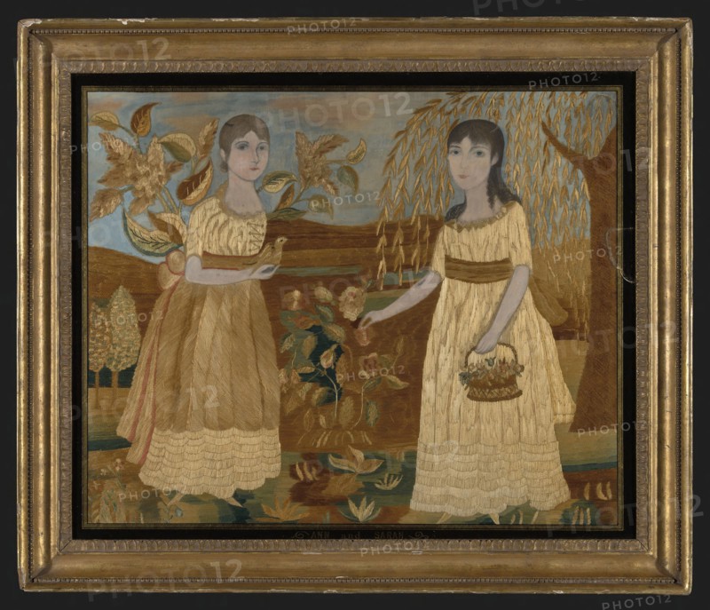 Picture Depicting Ann and Sarah (Needlework), early 19th century, United States, probably New York, New York, Silk, plain weave, painted, embroidered with silk in satin and stem stitches, French knots, 53 x 65.1 cm (20 7/8 x 25 5/8 in.)
