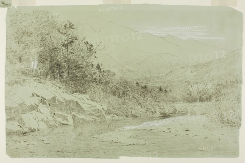 River Stream with Mountains in the Distance, 1856/92, Alexander Helwig Wyant, American, 1836-1892, United States, Brown charcoal heightened with white chalk and touches of brush and white gouache, on green wove paper, 297 x 457 mm