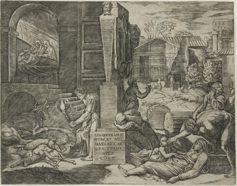 The Morbetto, or The Plague of Phrygia, 1515/16, Marcantonio Raimondi (Italian, c. 1480–1534), after Raffaello Sanzio, called Raphael (Italian, 1483-1520), Italy, Engraving in black on ivory laid paper, 198 x 252 mm (image), 199 x 253 mm (sheet)