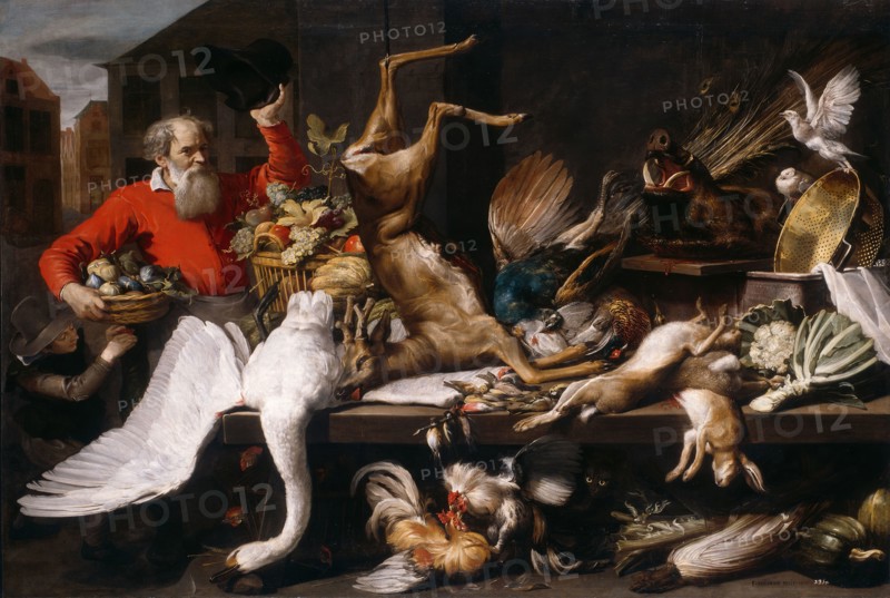 Still Life with Dead Game, Fruits, and Vegetables in a Market, 1614, Frans Snyders, Flemish, 1579-1657, Flanders, Oil on canvas, 212 × 308 cm (83 1/2 × 121 1/4 in. )
