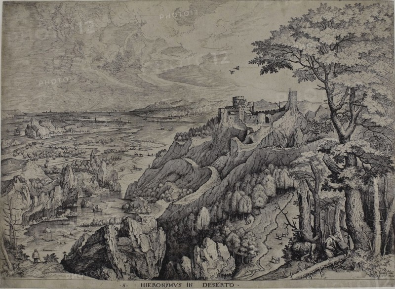 Saint Jerome in the Desert, c. 1553, Hieronymus Cock (Flemish, c. 1510-1570), after Pieter Bruegel the elder (Flemish, 1525/30-1569), Flanders, Etching and engraving on ivory laid paper, 311 × 426 mm