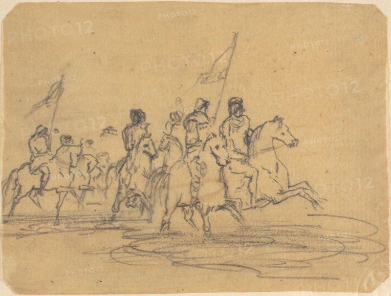 Sketch for Redon’s first etching, The Ford (M. 2), 1865, Odilon Redon, French, 1840-1916, France, Graphite on cream tracing paper, discolored to tan, laid down on cream laid paper, 87 × 114 mm