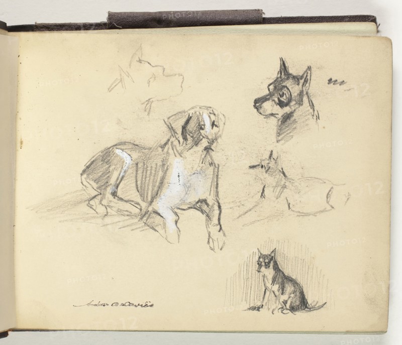 Sketchbook I, 1883, Arthur B. Davies, American, 1862-1928, United States, Maroon buckram cover, tinted paper pages with designs in graphite and watercolor, 120 x 152 x 10 mm