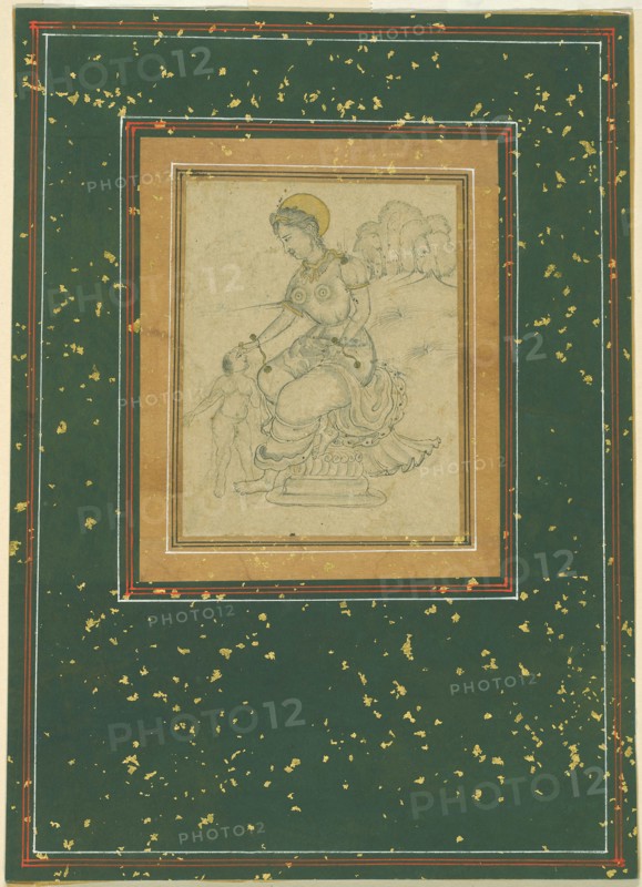 Mother and Child, Mughal period, c. 1625, India, India, Black ink with gold on paper, Image: 9.8 x 7.6 cm (3 7/8 x 3 in.), Outermost border: 23.2 x 16.3 cm (9 1/8 x 6 3/8 in.), Paper: 24.2 x 17.2 cm (9 1/2 x 6 3/4 in.)