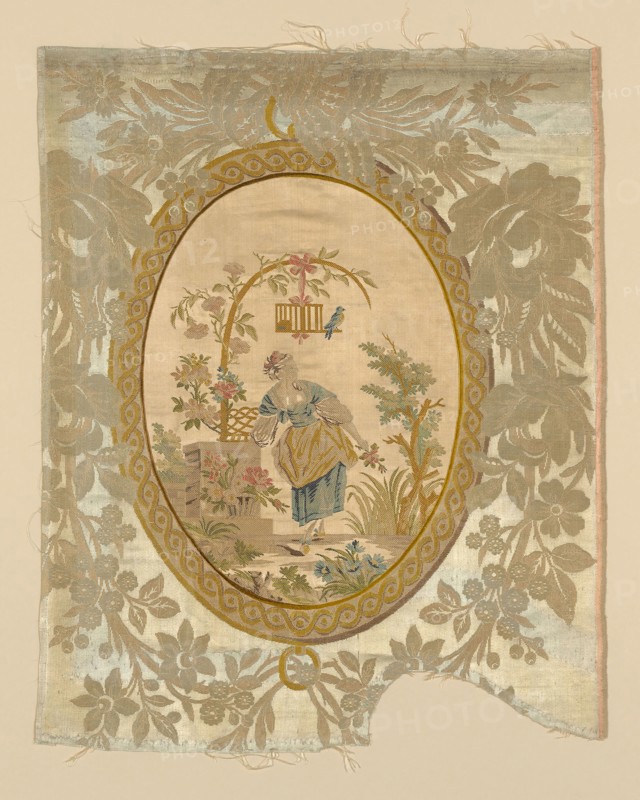 Panel, Louis XVI period, 1750/75, Designed by Philippe de LaSalle (French, 1723–1803/5), France, Lyon, Lyon, Silk, warp float-faced 7:1 satin weave with supplementary binding warps which tie supplementary brocading wefts and ground wefts in plain weave, with inset ovals of silk, warp-float faced 7:1 satin weave with supplementary brocading wefts tied in twill weave by ground warps, seam embroidered in satin stitch, 62.5 x 50.8 cm (24 1/2 x 20 in.)