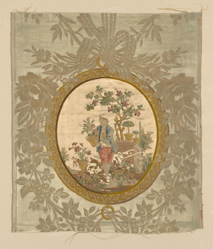 Panel, Louis XVI period, 1750/75, Designed by Philippe de LaSalle (French, 1723–1803/5), France, Lyon, Lyon, Silk, warp float-faced 7:1 satin weave with supplementary binding warps which tie supplementary brocading wefts and ground wefts in plain weave, with inset ovals of silk, warp-float faced 7:1 satin weave with supplementary brocading wefts tied in twill weave by ground warps, seam embroidered in satin stitch, 62.8 x 58.3 cm (24 3/4 x 22 7/8 in.)