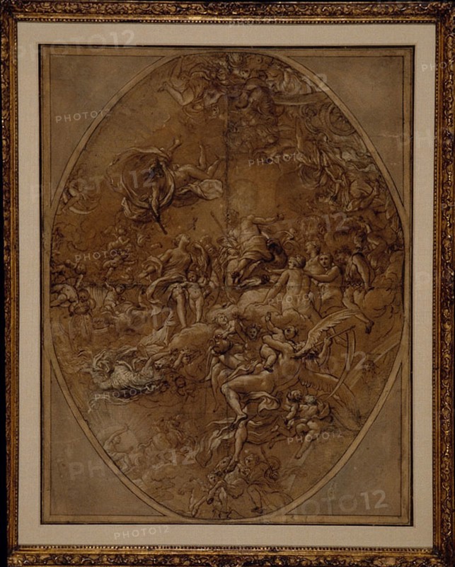 Olympus, 1743/1744, Lorenzo de’ Ferrari, Italian, 1680-1744, France, Brush and brown ink and brown wash, heightened with white gouache, over graphite, on tan laid paper, 900 × 690 mm
