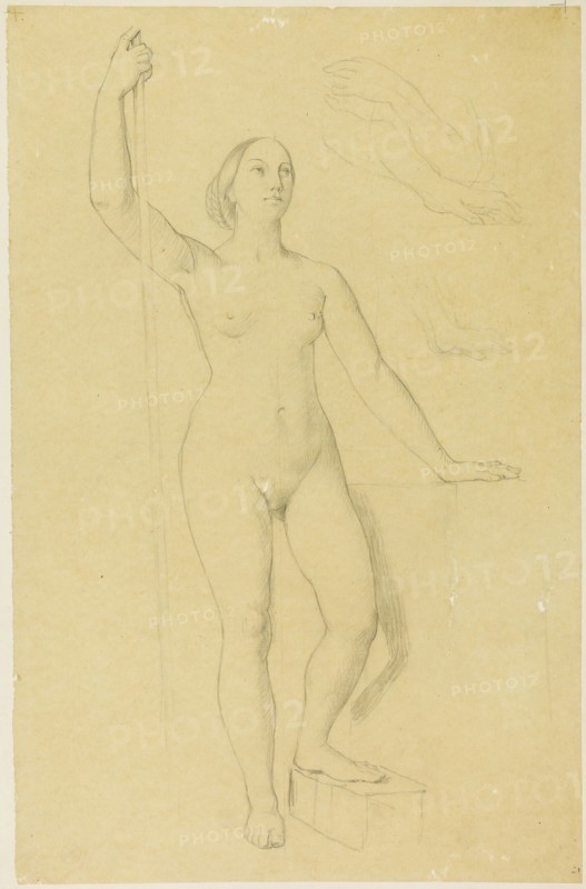 Study for Joan of Arc, and Sketches of Hands, c. 1851, Jean–Auguste–Dominique Ingres, French, 1780–1867, France, Graphite on tan wove tracing paper, laid down on off-white wove paper, laid down on cream board, 447 × 291 mm