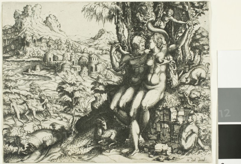 Adam and Eve and the Expulsion from Paradise, 1564, Cornelis Cort, Netherlandish, 1533-before 1578, Holland, Engraving on ivory laid paper, 185 x 241 mm (trimmed within platemark)