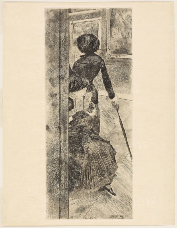 Mary Cassatt at the Louvre: The Paintings Gallery, 1879–80, Edgar Degas, French, 1834-1917, France, Etching, soft ground etching, aquatint, and drypoint on cream wove paper, 306 × 126 mm (image/plate), 320 × 249 mm (sheet)