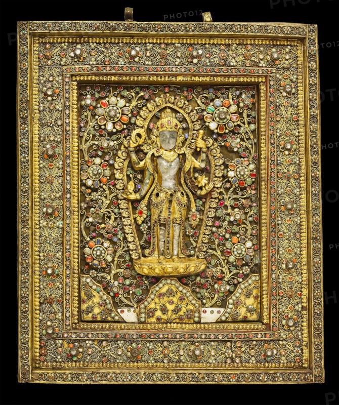 Votive Plaque with God Vishnu, 19th century, Nepal, Kathmandu Valley, Kathmandu Valley, Gilt bronze with ivory, semiprecious stones, crystal, and glass, 51 × 41.5 × 5.9 cm (20 1/8 × 16 3/8 × 2 3/8 in.)