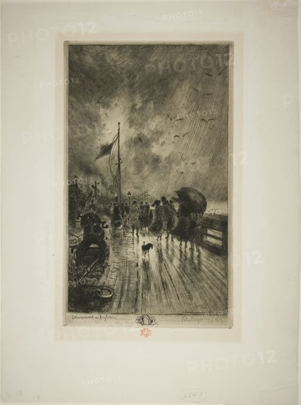 Disembarkation in England, 1879, Félix Hilaire Buhot, French, 1847-1898, France, Etching, roulette and aquatint on ivory laid paper, 302 × 170 mm (image/plate), 425 × 314 mm (sheet)