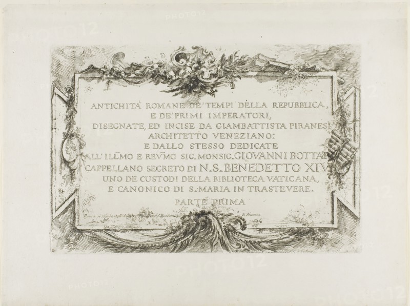 Frontispiece, from Roman Antiquities, Part I, 1748, Giovanni Battista Piranesi, Italian, 1720-1778, Italy, Etching on ivory laid paper, 238 x 355 mm (plate), 349 x 462 mm (sheet)
