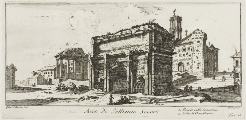 Arch of Septimius Severus. 1. Temple of Concord. 2. Ascent to the Capitoline Hill, plate 13 from Some Views of Triumphal Arches and other Monuments, 1748, Giovanni Battista Piranesi, Italian, 1720-1778, Italy, Etching on ivory laid paper, 108 x 245 mm (image), 124 x 253 mm (plate), 341 x 452 mm (sheet)