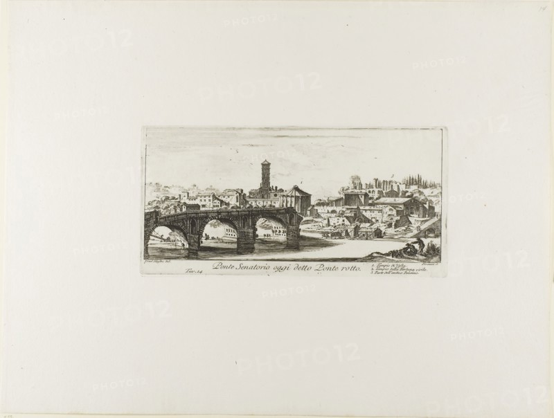 Senatorial Bridge, Today called the Ponte Rotto [Broken Bridge]. 1. Temple of Vesta. 2. Temple of Fortuna Virilis. 3. Part of the ancient Palatine, plate 14 from Some Views of Triumphal Arches and other Monuments, 1748, Giovanni Battista Piranesi, Italian, 1720-1778, Italy, Etching on ivory laid paper, 124 x 252 mm (plate), 341 x 453 mm (sheet)
