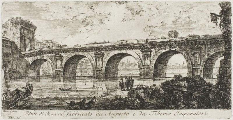The Bridge at Rimini built by the Emperors Augustus and Tiberius, plate 16 from Some Views of Triumphal Arches and other monuments, 1748, Giovanni Battista Piranesi, Italian, 1720-1778, Italy, Etching on ivory laid paper, 124 x 261 mm (image), 134 x 261 mm (plate), 345 x 465 mm (sheet)
