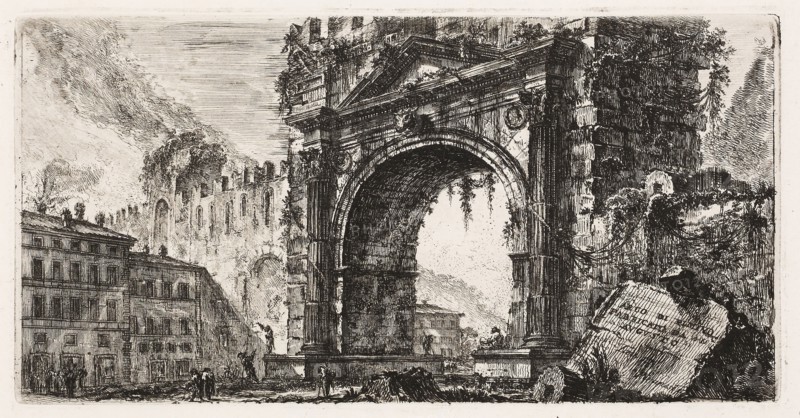 The Arch at Rimini built by Augustus, plate 17 from Some Views of Triumphal Arches and other monuments, 1748, Giovanni Battista Piranesi, Italian, 1720-1778, Italy, Etching on ivory laid paper, 134 x 260 mm (image), 134 x 264 mm (plate), 343 x 455 mm (sheet)