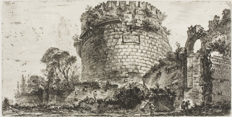 Tomb of Caecilia Metella called Capo di Bove [Ox Head], plate twenty from Some Views of Triumphal Arches and other monuments, 1748, Giovanni Battista Piranesi, Italian, 1720-1778, Italy, Etching on ivory laid paper, 135 x 267 mm (plate), 340 x 456 mm (sheet)