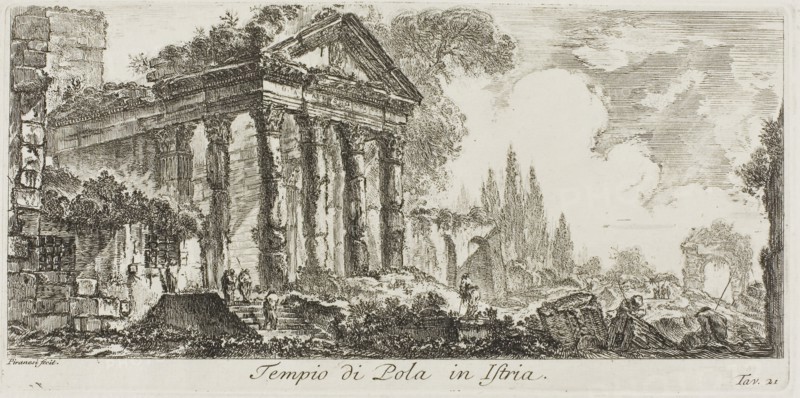 Temple of Pola in Istria, plate 21 from Some Views of Triumphal Arches and other monuments, 1748, Giovanni Battista Piranesi, Italian, 1720-1778, Italy, Etching on ivory laid paper, 115 x 250 mm (image), 125 x 255 mm (plate), 345 x 467 mm (sheet)