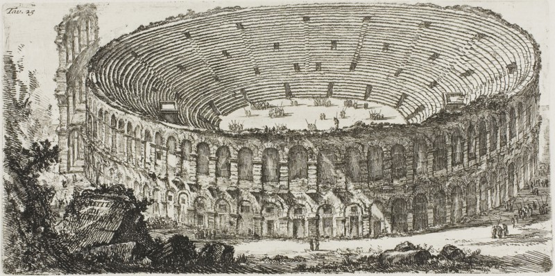 Ampitheater of Verona, plate 25 from Some Views of Triumphal Arches and other monuments, 1748, Giovanni Battista Piranesi, Italian, 1720-1778, Italy, Etching on ivory laid paper, 129 x 260 mm (plate), 342 x 458 mm (sheet)